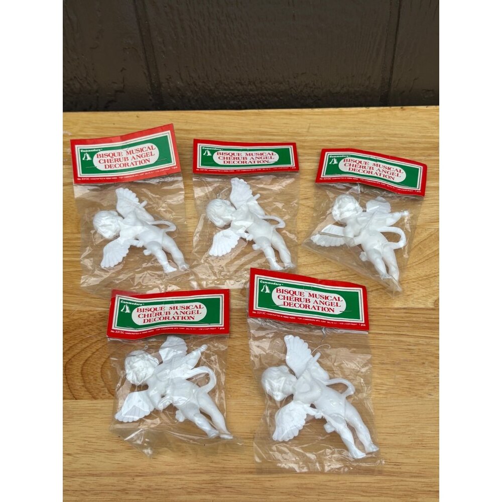 Vintage Lot of 5 Commodore Bisque Musical Cherub Angel Christmas Ornaments Decor